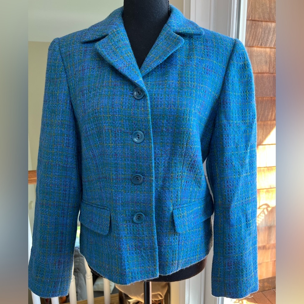BARRIE PACE‎ LTD CLASSIC  WOOL TEAL BLAZER W/GOLD & PURPLE PLAID, LINED, LOVELY